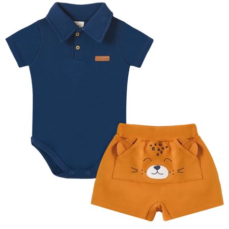 Body Polo c/ Shorts para bebê em suedine Cool Bear - Pingo Lelê PL67018 BODY MANGA CURTA E SHORTS MARINHO/MOSTARDA-M