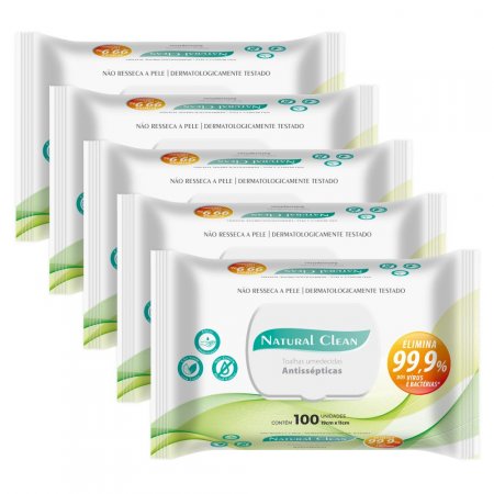 Kit 5 Pacotes Lenço Umidecido Natural Clean Antisséptica 100 Un.
