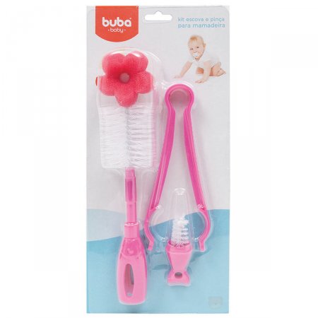 Kit: Escova e Pinça para mamadeira Rosa - Buba