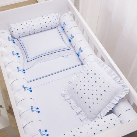 Kit de Berço Bordado Baby Joy Premium 8 peças - Laços Azuis