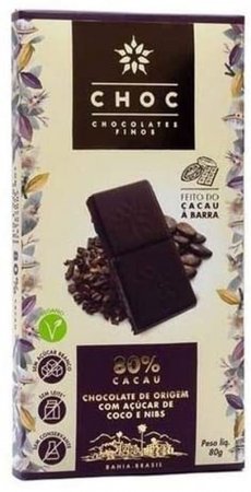 Chocolate 80% Cacau com Nibs Zero Açúcar - Choc Chocolates