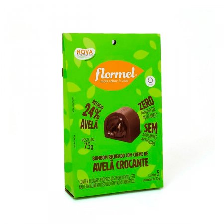 Bombom Recheado Flormel Creme de Avelã Crocante Zero Açúcar com 75g