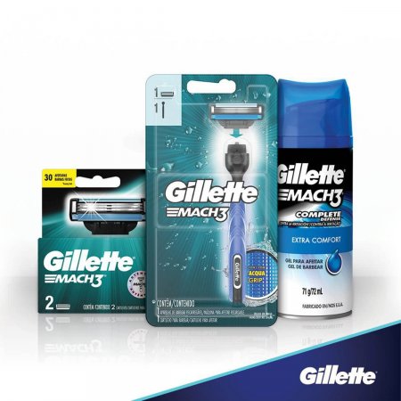 Kit Aparelho de Barbear Gillette Mach3 Acqua-Grip com 1 unidade + 3 cartuchos + 1 Gel de Barbear com 72ml