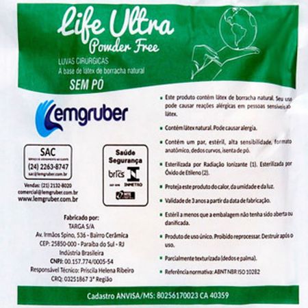 Luva Cirúrgica Life Ultra Powder Free Lemgruber - Estéril - Sem Pó - 7.0