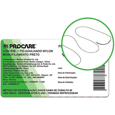 Fio de Sutura Procare - Preto Agulhado - Nylon 2-0 - 20mm - 3/8