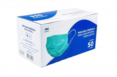 Máscara Cirúrgica TNT Tripla Descartável c/ Elástico e Clip Nasal Medway - Caixa c/50 unid   Verde
