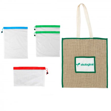 Kit de Ecobags Respiráveis (4 unidades) e Bolsa Ecobag de Juta