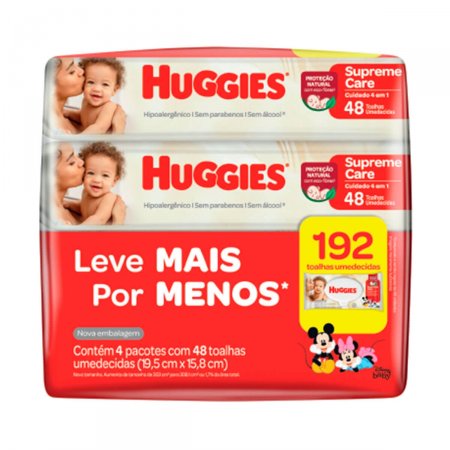 Kit Lenço Umedecido Huggies Supreme Care com 4 pacotes de 48 unidades cada