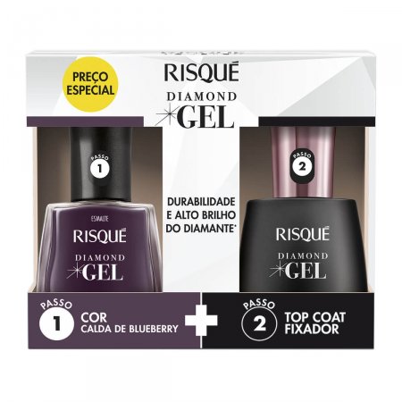 Kit Esmalte Risqué Diamond Gel Calda de Blueberry + Top Coat Fixador Risqué com 9,5ml cada