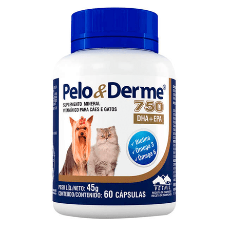 Suplemento Vetnil Pelo & Derme 750 com 60 Cápsulas - 45 g