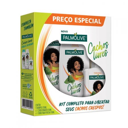 Kit com 1 Shampoo 350ml + 1 Condicionador 350ml + 1 Creme de Pentear 150ml Palmolive Cachos Livres Extrato de Babosa