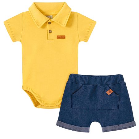 Body Polo c/ Short para bebê Tigre - Pingo Lelê PL66826 BODY POLO MC C/ SHORT MOSTARDA-1