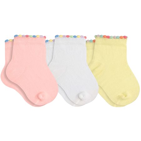 Tripack: 3 meias Soquete para bebê Pompom Rosa/Branco/Amarelo - Lupo LU02000-989.0966 MEIA LUPO BU KIT C/ 3 POMPOM COLORS ROSA BRANCA AMARELA-16/19