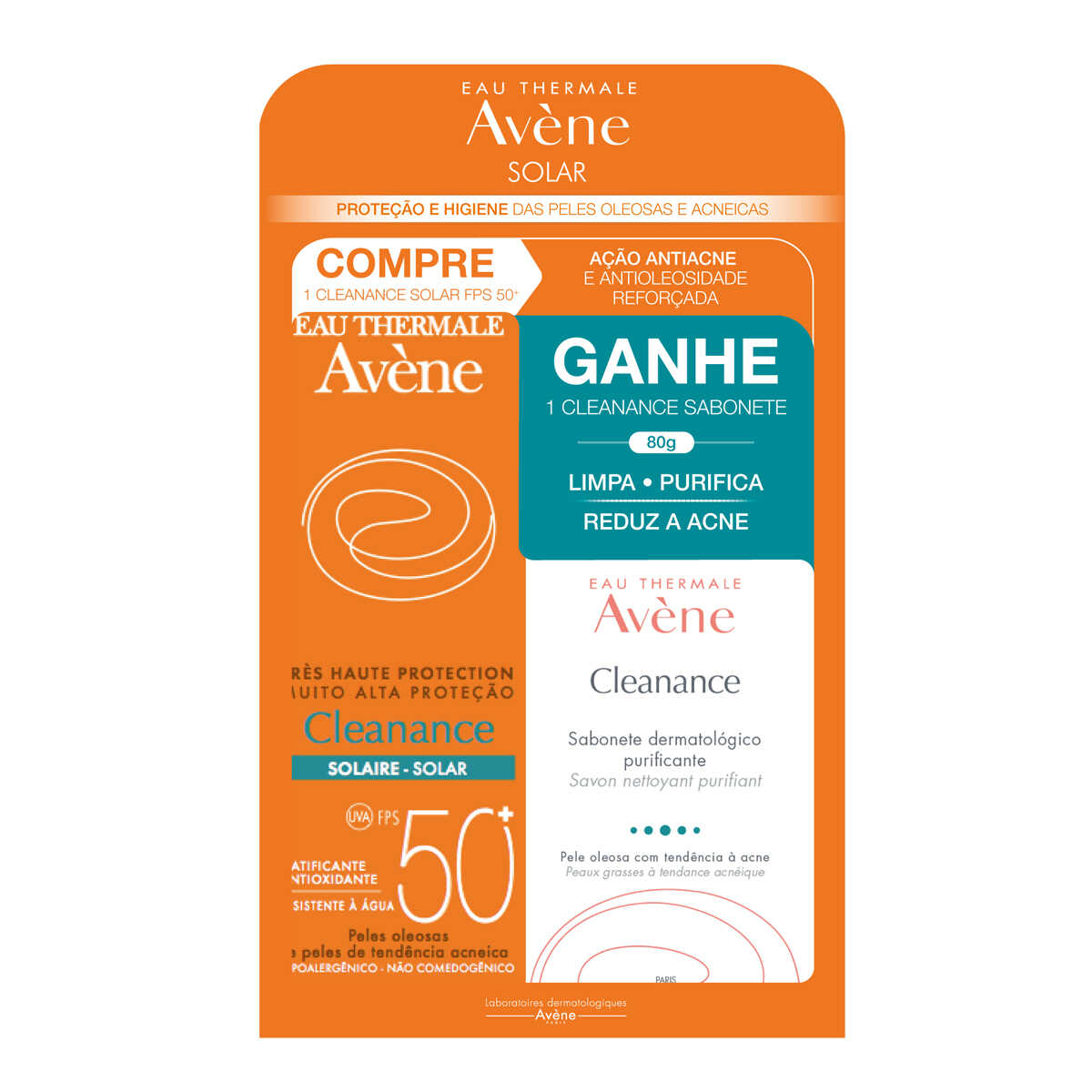 Kit Protetor Solar Avène Cleanance Solar FPS50 + Sabonete Cleanance