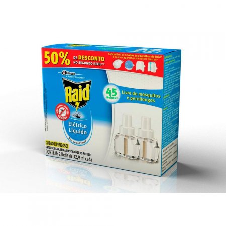 Repelente Elétrico Raid Líquido 45 Noites Caixa c/ 2 Unidades Refil 32,9ml -  50% de Desconto na Segundo Unid.