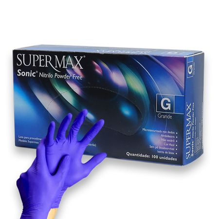 Luva de Procedimento Nitrílica Sonic Sem Pó Azul com 100 - Supermax Luva de Procedimento Nitrílica Sonic  Sem Pó Azul Tam G com 100 - Supermax
