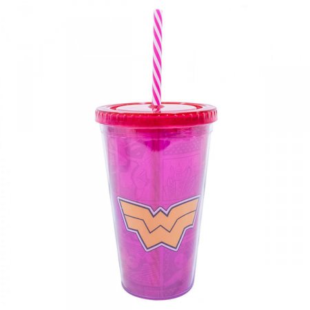 Copo com Canudo Logo Mulher Maravilha DC Comics 450ml - Tasco Inport