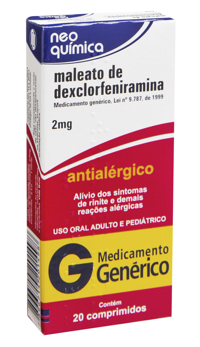 Maleato de Dexclorfeniramina 2mg Genérico Neo Química 20 Comprimidos