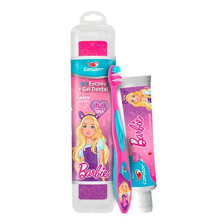 Kit Escova Dental Condor Barbie + Gel Dental Morango 50g