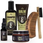 Kit Barba Shampoo Balm Óleo Gel Cola + Escova e Pente Reto de Madeira
