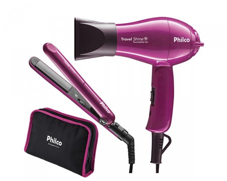 Kit Prancha e Secador de Cabelos Philco Travel Shine Rosa Bivolt