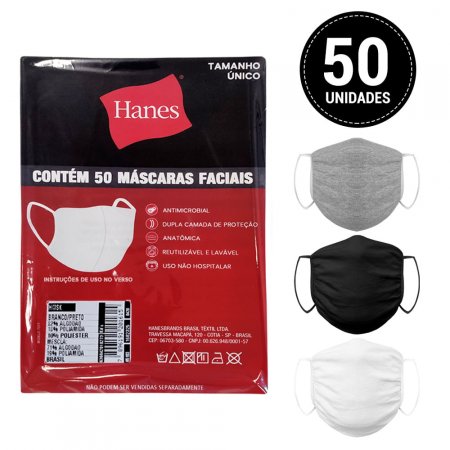 Kit com 50 Máscaras de Algodão Hanes HMSK