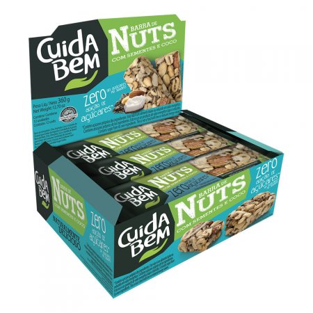 BARRA DE NUTS COM SEMENTES E COCO ZERO AÇÚCAR CUIDA BEM CAIXA 360g COM 12 UNIDADES DE 25g CADA