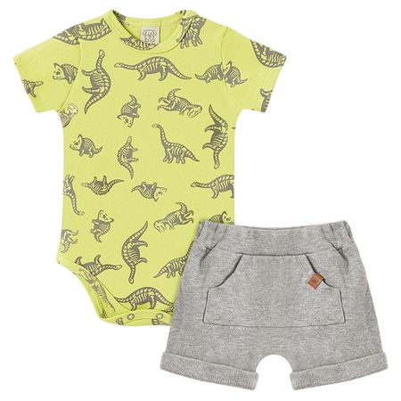 Body curto c/ Short Saruel para bebê em suedine Dinossauros - Pingo Lelê PL67040 BODY MANGA CURTA E SHORTS DINOS MESCLA-G