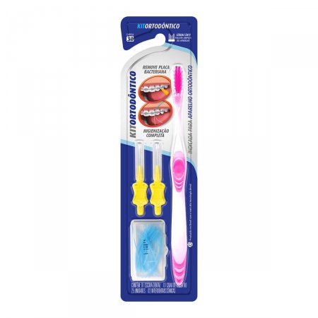 Kit Ortodôntico Dentalclean com 1 Escova Dental + 2 Interdentais Cônicas e 1 Caixa de Passa Fio com 25 unidades