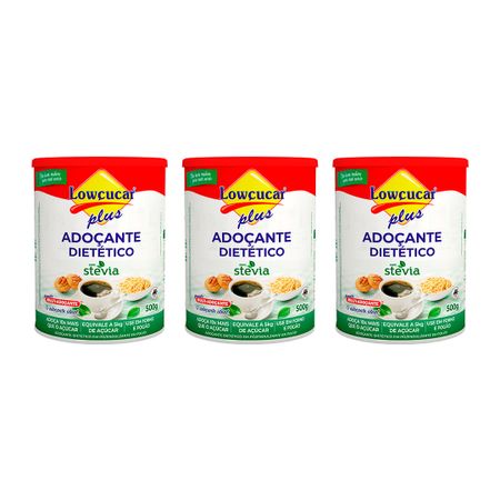 Kit 3 Unid. Adoçante Lowçucar Plus com Stevia em Po Pote 500g