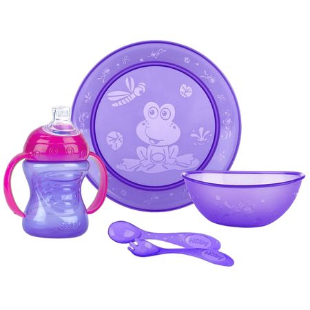 Kit Alimentação com 5 Peças Fun Feeding Lilás Orquídea (6m+) - Nuby NB05553.100 KIT ALIMENTACAO ECONOMICO COM 5 PECAS LILAS ORQUIDEA