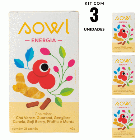 Chá Energia Sowl Chá Verde Guaraná Gengibr Canela 63 sachês
