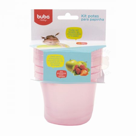 Kit Potes Papinha c/ tampa para bebe Rosa (3un) - Buba
