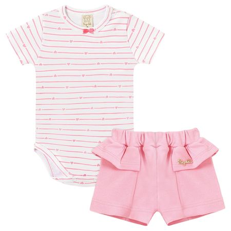 Body curto c/ Short para bebê em suedine Corações - Pingo Lelê PL67011 BODY MANGA CURTA E SHORTS ROSA CORAÇÃO-M