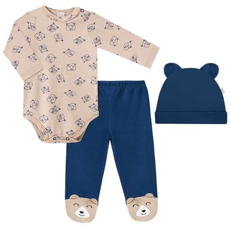 Body longo c/ Calça e Touca para bebê em suedine Ursinho - Pingo Lelê PL66901 BODY ML + CALÇA + tOUCA URSINHO BEGE MARINHO-M