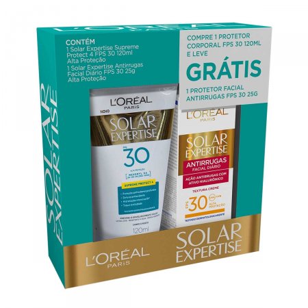 Kit Protetor Solar L'Oréal Solar Expertise com 1 Protetor Facial Antirrugas FPS 30 de 25g + 1 Protetor Corporal Protect 4 FPS 30 de 120ml