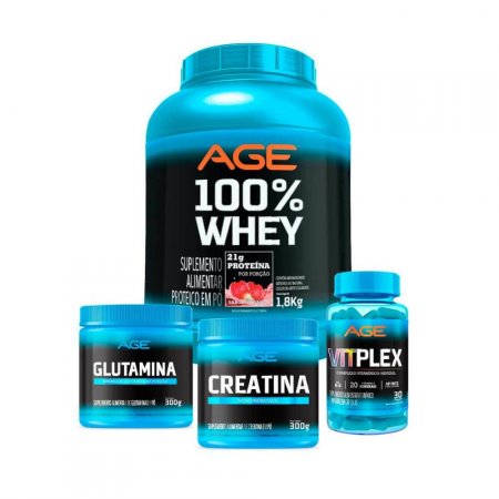 WHEY 100% PURE (1,8kg) + CREA (300g) + GLUTA (300g) + VITPLEX (30 cápsulas) - Morango