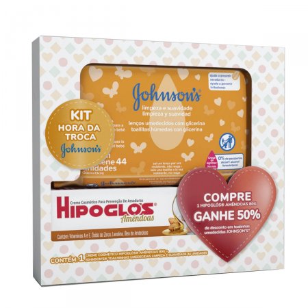 Kit Hipoglós Creme Preventivo Contra Assaduras Amêndoas + Lenço Umedecido Johnsons Baby Limpeza e Suavidade