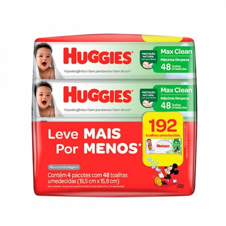 Lenço Umedecido Huggies Max Clean 4 Pacotes com 48 unidades cada