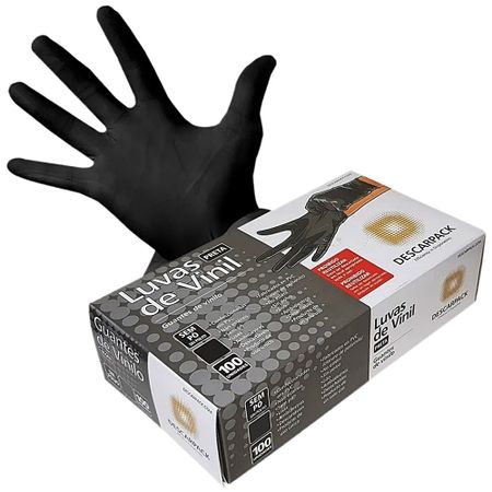 Luva de Vinil Descartável Descarpack - Sem Pó - Preta - Tam G - 100 unidades