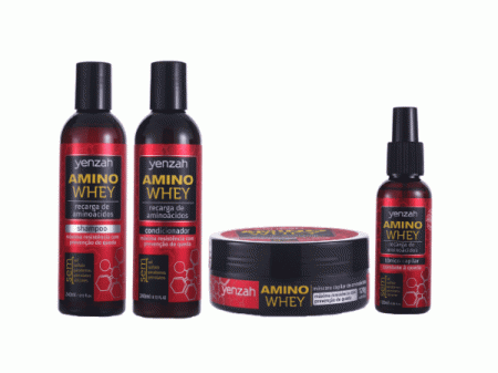 Linha Amino Whey Yenzah com shampoo, condicionador, máscara e tônico