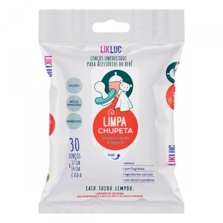 Lenço Umedecido para Acessórios do Bebê Likluc Limpa Chupeta com 30 Unidades