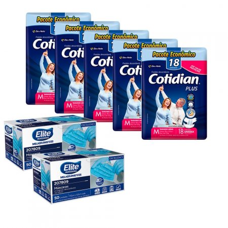Kit 90 Fraldas Cotidian Plus M E 100 Máscaras Descartáveis