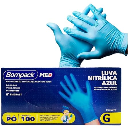 Luva Nitrilica para Procedimentos Bompack Med - Sem Pó - 100 unidades - Tam G