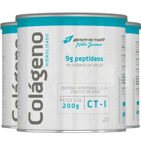 Kit 3 Colágeno Hidrolisado Peptídeos Natural 200g BodyAction