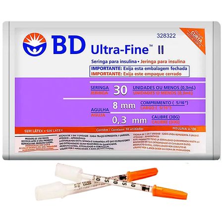 Seringa Para Insulina Bd - 0,3 Ml - Com Agulha - 8 X 0,30 Mm - 30G 5/16" - 10 Unidades