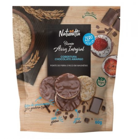 Kit com 10 Biscoito Arroz Integral Cobertura Sabor Chocolate Amargo ZERO Açúcar 60g