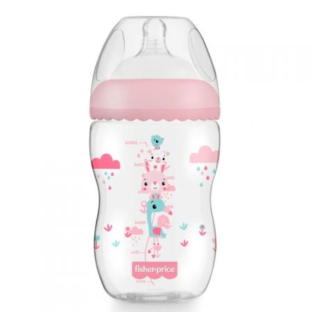 Mamadeira Rosa Algodão Doce First Moments Anti Colica 270ml Fluxo Médio Fisher Price BB1027