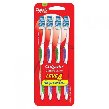 Escova de Dente Colgate Classic Clean com 4 unidades