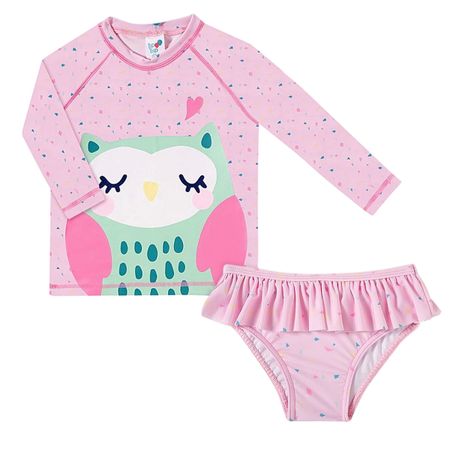 Conjunto de banho para bebê Coruja: Camiseta Surfista + Calcinha - Tip Top 1446344 CONJUNTO PRAIA BEBE ROSA-6-12 meses